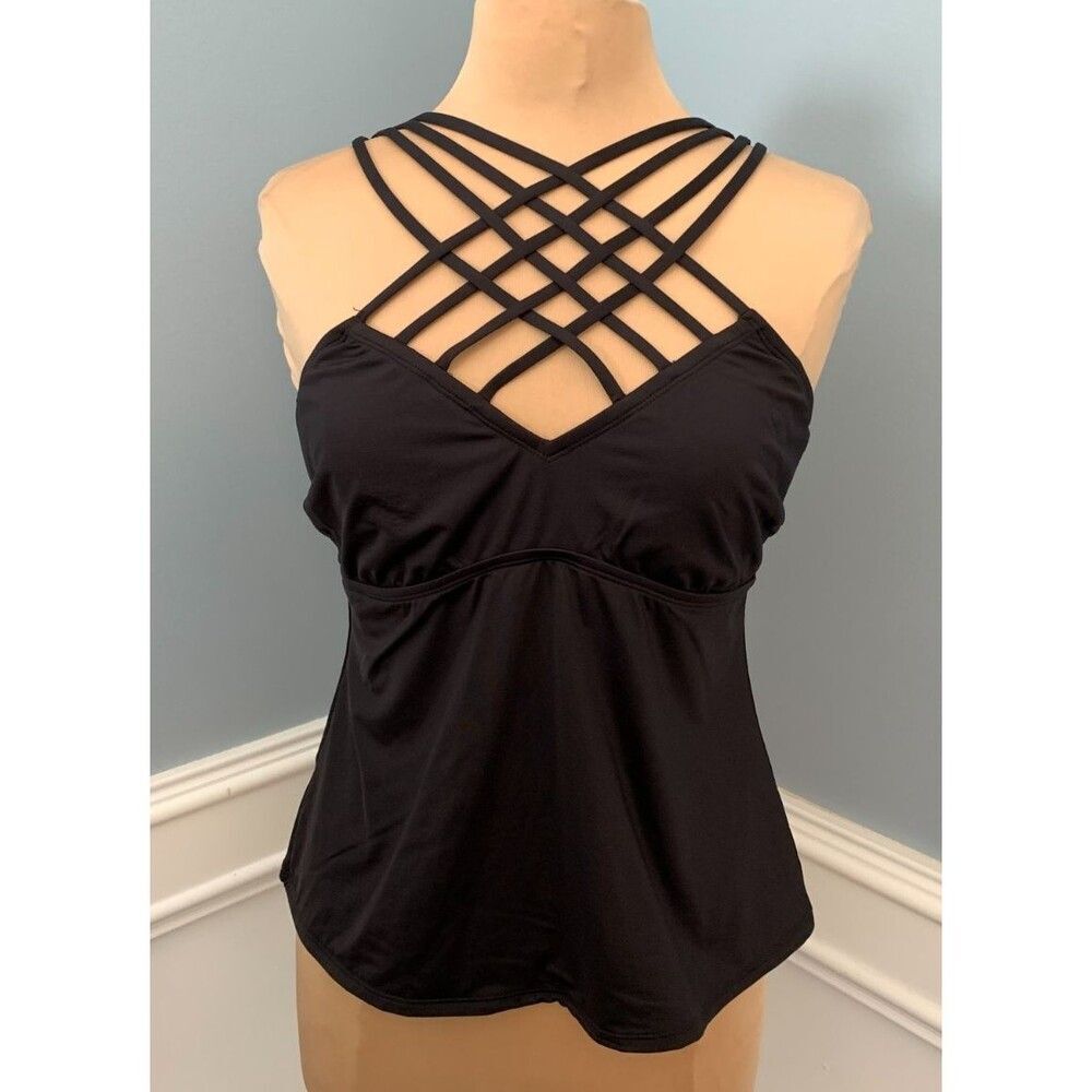 Kenneth Cole Tankini Womens L Sexy Solids Strappy Top Swimwear Pool Tank Black